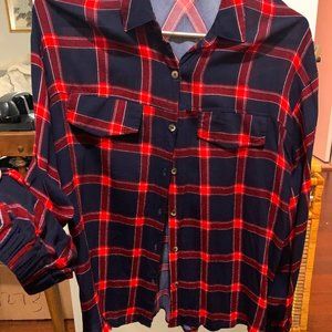 red and blue plaid button up shirt